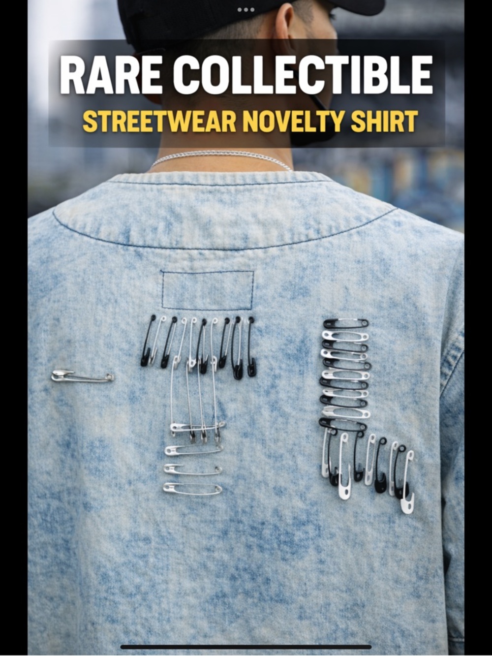 BKLYN XPress Acid Wash Denim Streetwear Shirt XXL Oversize Safety Pin Back Y2K